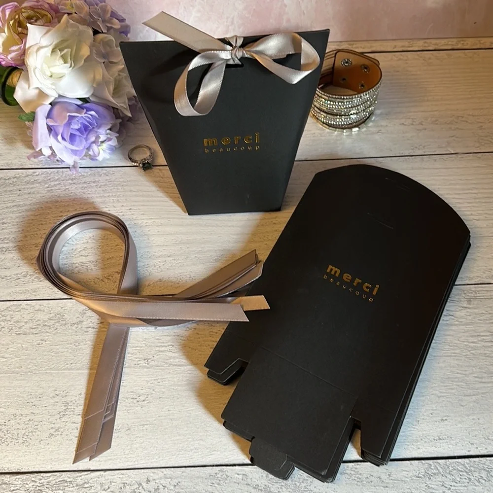 12 Pcs Paper Bags ( Merci Beaucoup ) Gift Bag, Packaging Box with Gray Ribbon